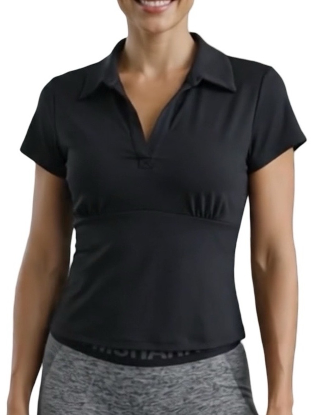 New York & Company SS V-neck Collared Stretch Sport Top Everyday Goth Black S